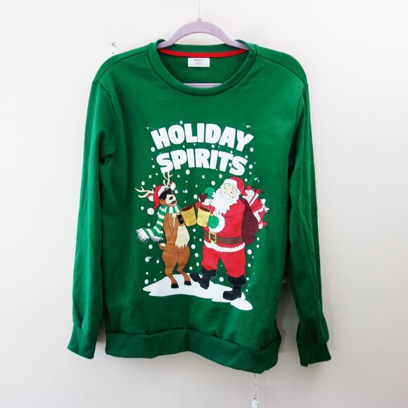 Holiday Time Men's Green Light-Up Pullover Sweatshirt Santa and Raindeer Fun(M) - Picture 1 of 9